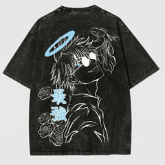 Gojo Satoru The Strongest Washed Black Oversized Anime Graphic T Shirt
