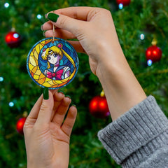 Anime Magic and Feline Mystique Dual Ornaments: Moonlit Guardian Floral-Adorned Cat Stained Glass Inspired Splendor | Anime Ornaments