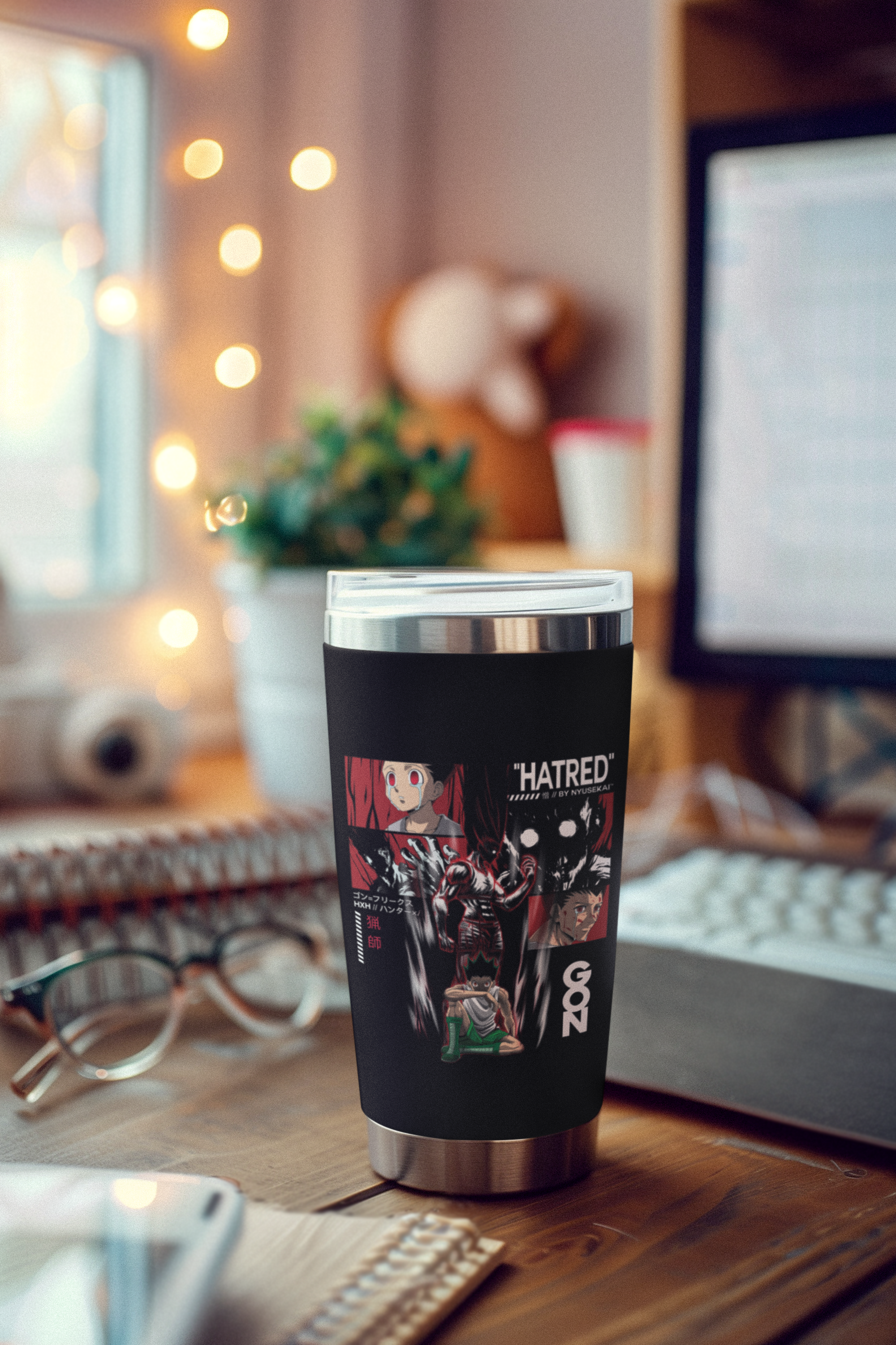 a coffee cup sitting on top of a wooden desk