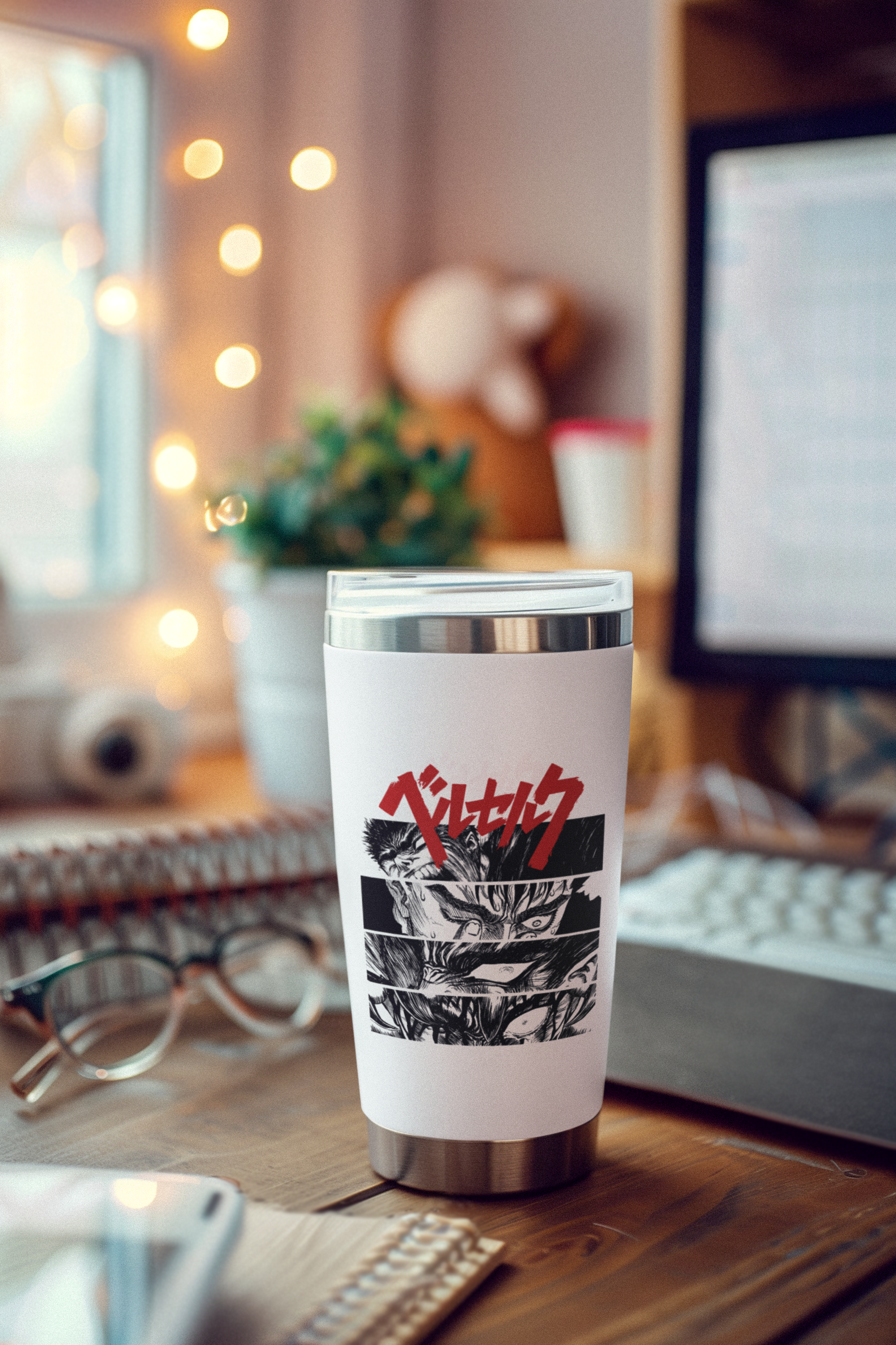 a coffee cup sitting on top of a wooden desk