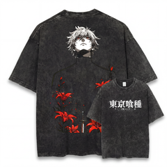 Dark Anime Male Portrait T-Shirt | White Hair Red Eyes Swordsman with Red Lilies Gothic Manga Shirt