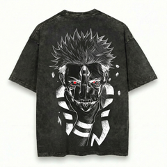 Sukuna Inspired Washed Black Oversized Anime Graphic T Shirt