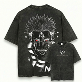 Sukuna Inspired Washed Black Oversized Anime Graphic T Shirt
