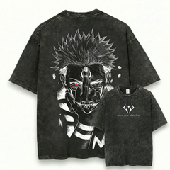 Sukuna Inspired Washed Black Oversized Anime Graphic T Shirt