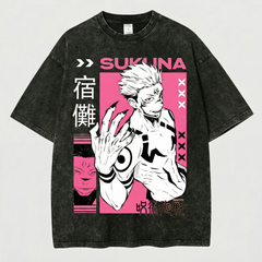 Kurodrip Sukuna Ryomen Cursed Spirit Jujutsu Kaisen Washed Black Oversized Anime Graphic T Shirt