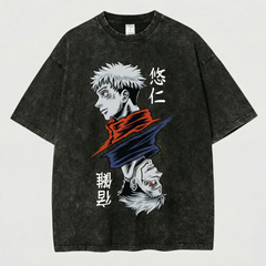 Kurodrip Itadori x Sukuna Two Souls Divided Jujutsu Kaisen Washed Black Oversized Anime Graphic T Shirt