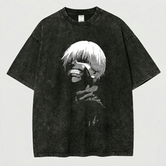 Kurodrip Ken Kaneki White Hair Ghoul Tokyo Ghoul Washed Black Oversized Anime Graphic T Shirt