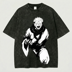 Kurodrip Sukuna True Form Laughing Jujutsu Kaisen Washed Black Oversized Anime Graphic T Shirt