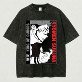 Kurodrip Ryomen Sukuna King of Curses Close Up Jujutsu Kaisen Washed Black Oversized Anime Graphic T Shirt