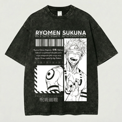 Kurodrip Ryomen Sukuna Character File Barcode Jujutsu Kaisen Washed Black Oversized Anime Graphic T Shirt