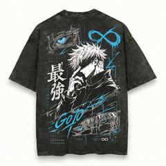 Gojo Satoru Infinity Six Eyes Washed Black Oversized Anime Graphic T Shirt