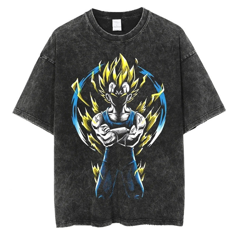 Black t-shirt with a graphic design of a character in a fighting pose on a white background