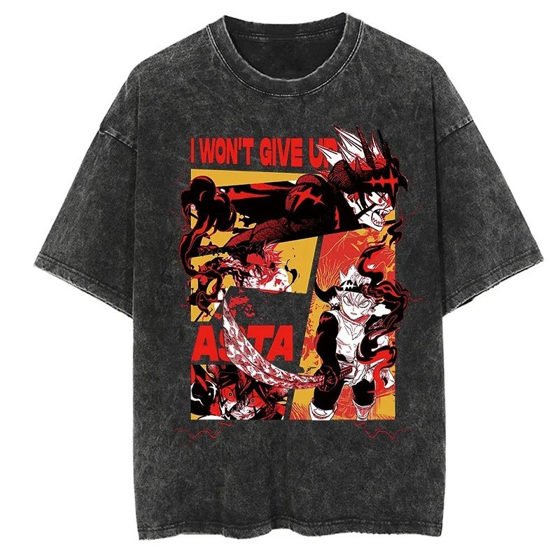 Kurodrip "Never Give Up" Black Clover Vintage Washed Oversized T-Shirt