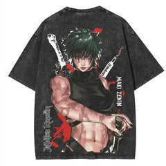 Jujutsu Kaisen Inspired Maki Zenin Washed Black Oversized Anime T Shirt
