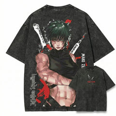 Jujutsu Kaisen Inspired Maki Zenin Washed Black Oversized Anime T Shirt