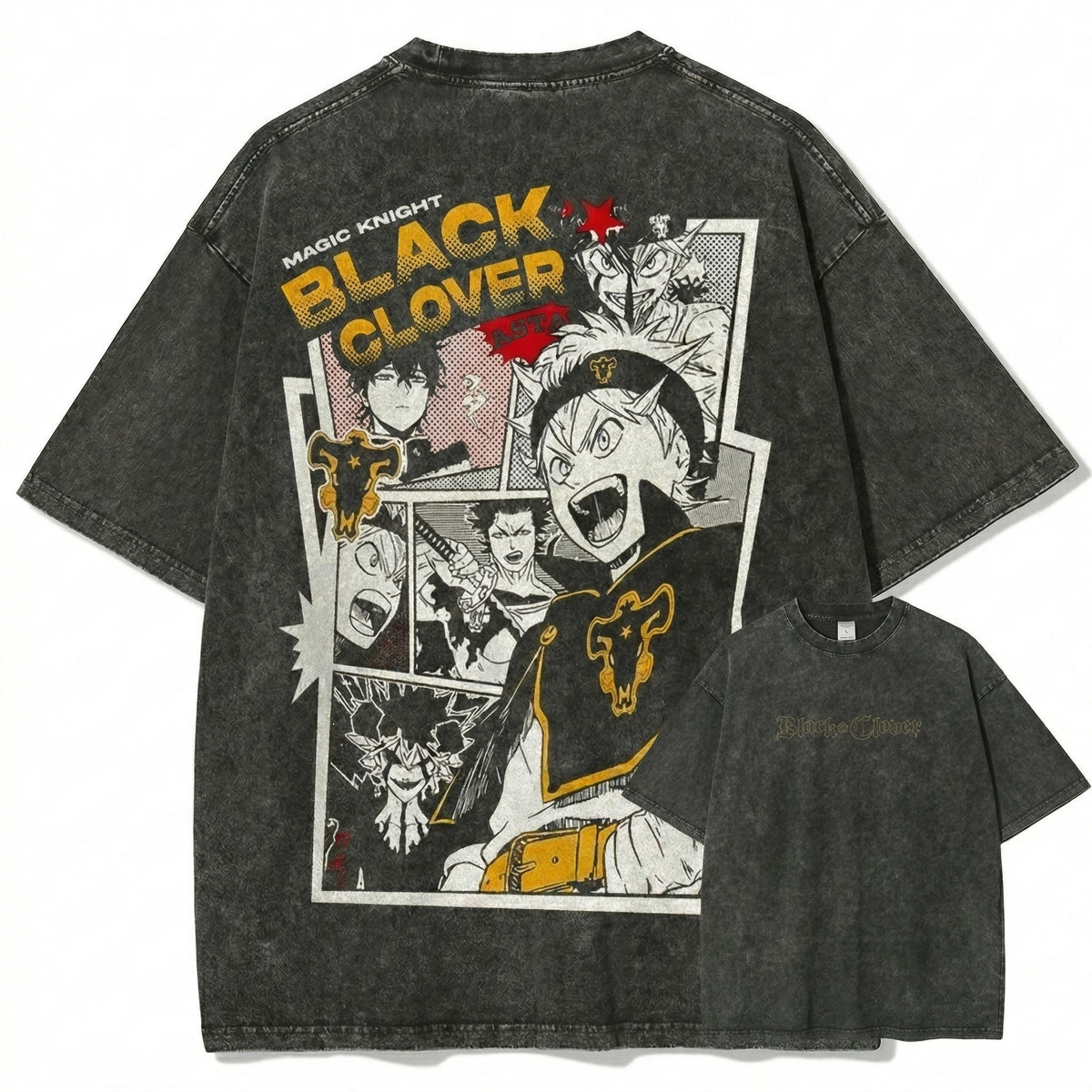 Black Clover Magic Knight Washed Grey Oversized Anime Graphic T Shirt