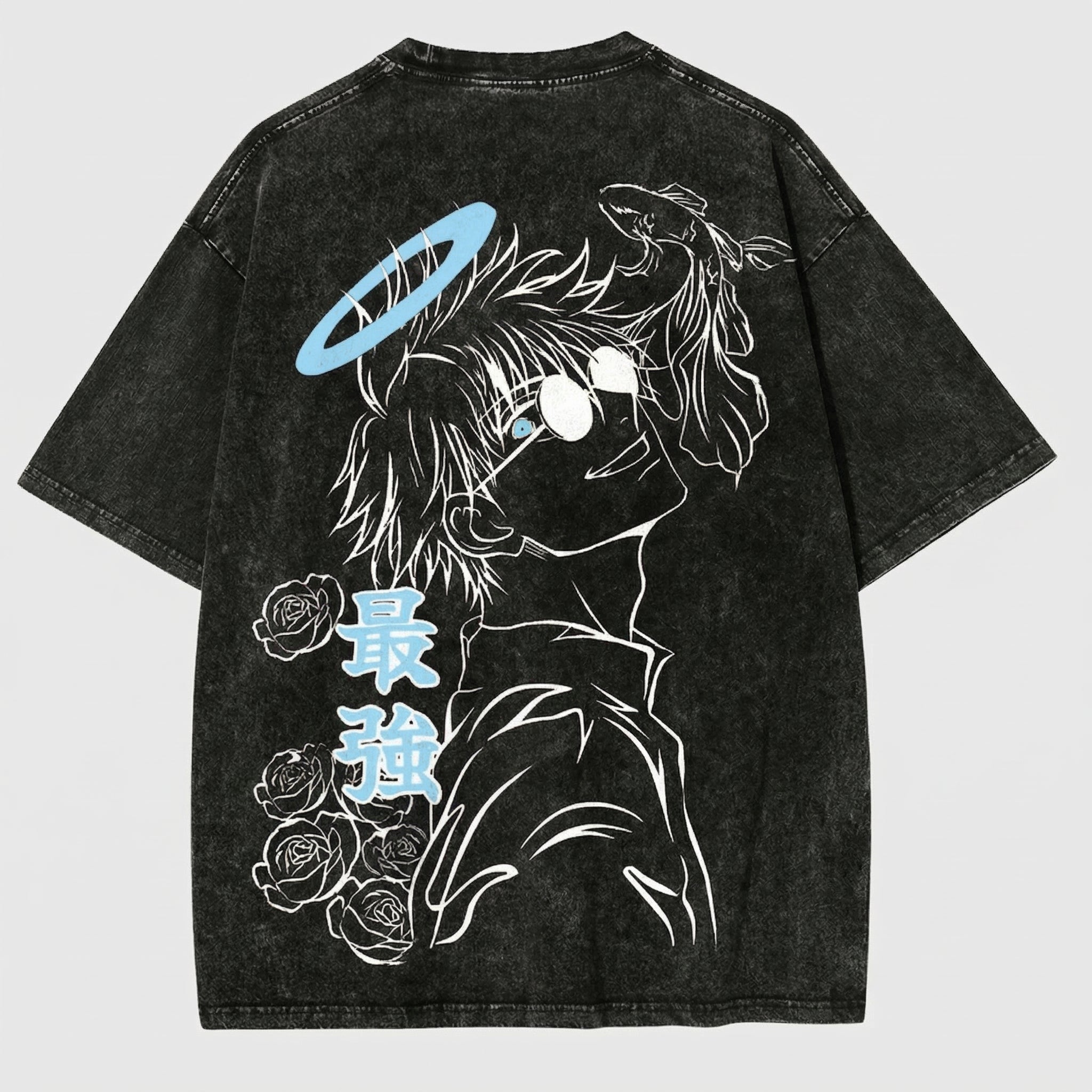 Gojo Satoru The Strongest Washed Black Oversized Anime Graphic T Shirt