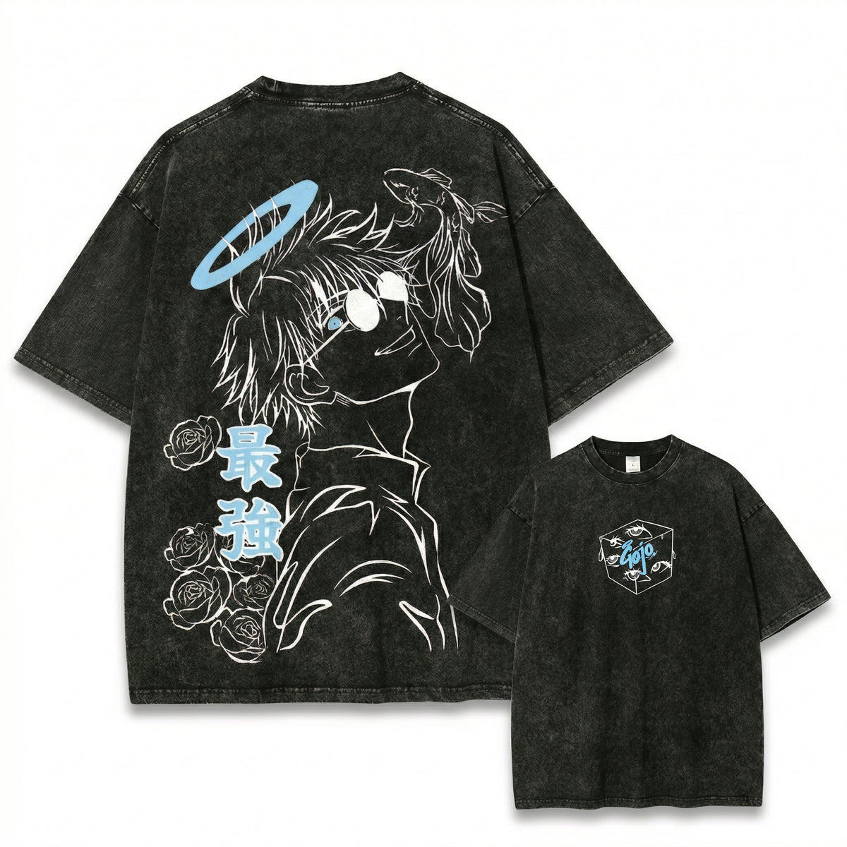 Gojo Satoru The Strongest Washed Black Oversized Anime Graphic T Shirt