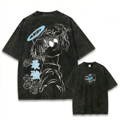 Gojo Satoru The Strongest Washed Black Oversized Anime Graphic T Shirt
