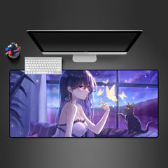 Anime Girl, Butterflies, Cat Size Gaming Mouse Pad - Kurodrip