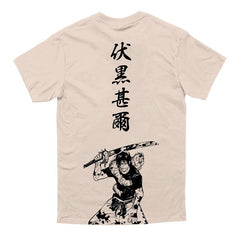 a white t - shirt with a picture of a woman holding an umbrella