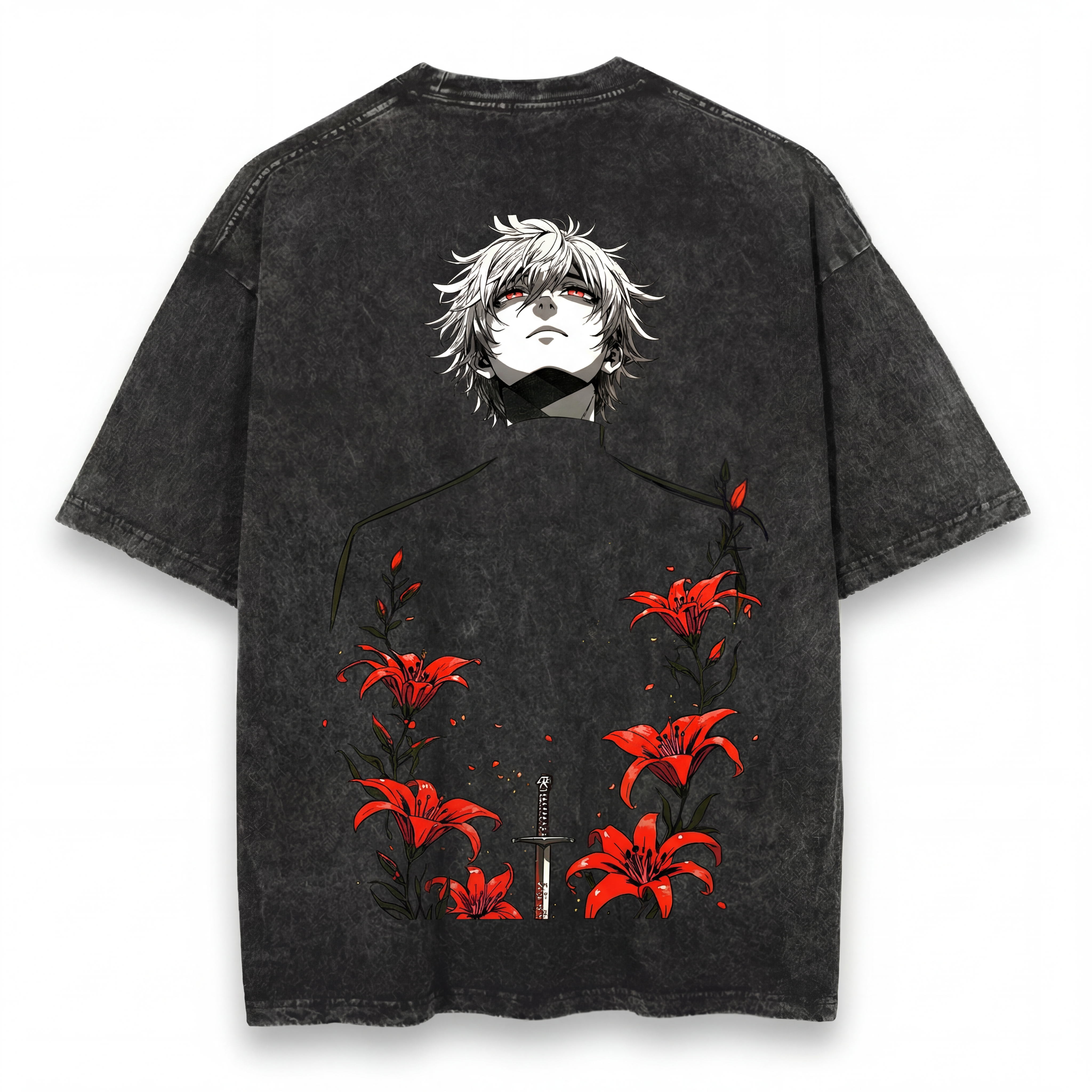 Dark Anime Male Portrait T-Shirt | White Hair Red Eyes Swordsman with Red Lilies Gothic Manga Shirt