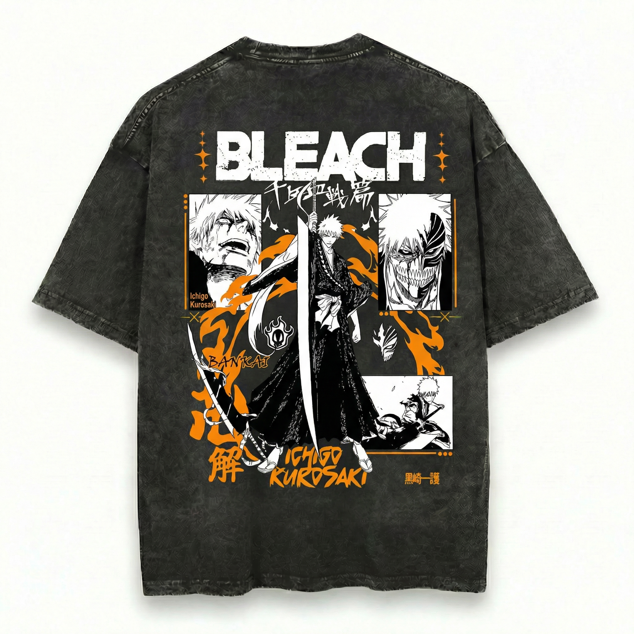 Intense Shonen Hero Collage Graphic T-Shirt Black Orange Manga Inspired Tee Soul Warrior Swordsman Fan Art Shirt