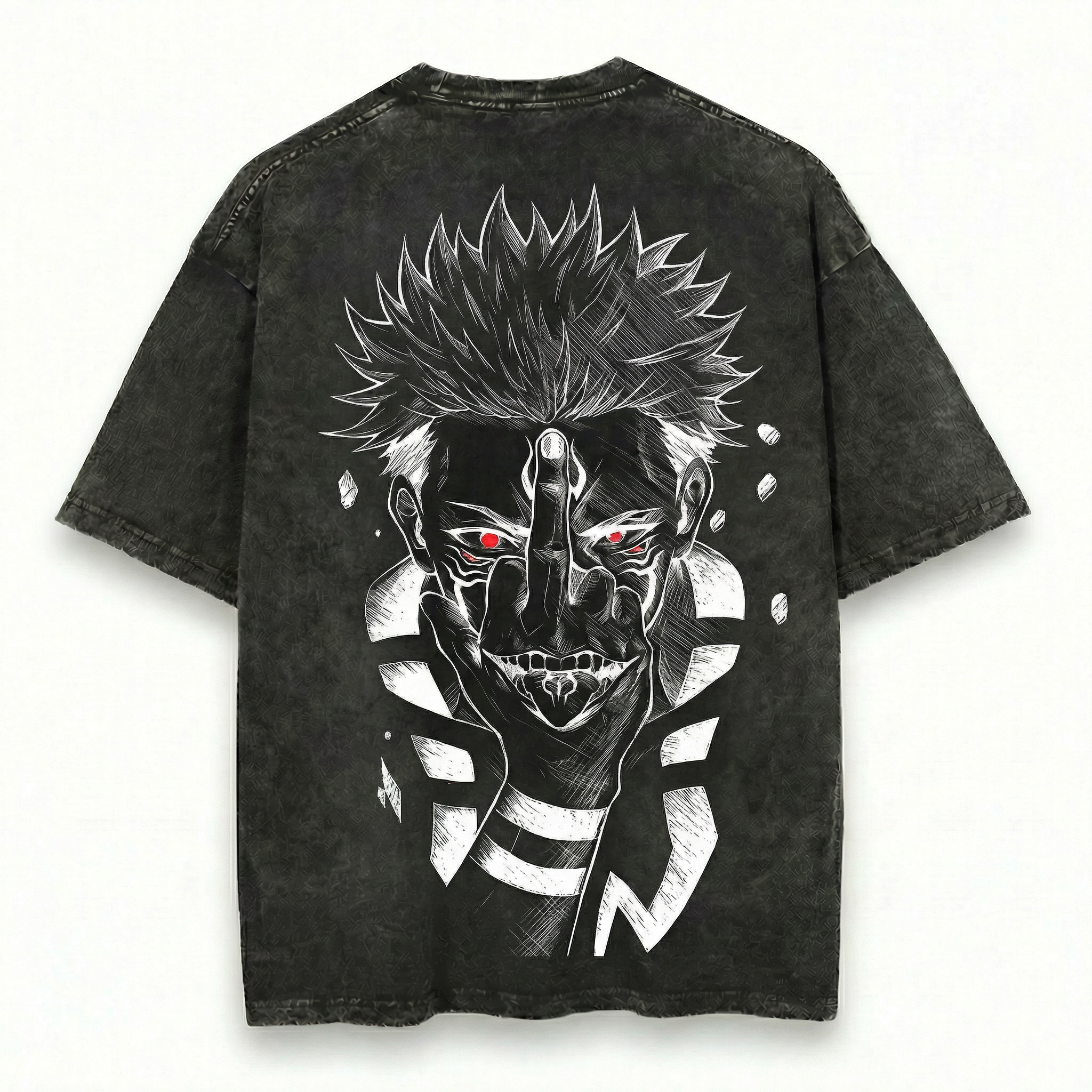 Sukuna Inspired Washed Black Oversized Anime Graphic T Shirt