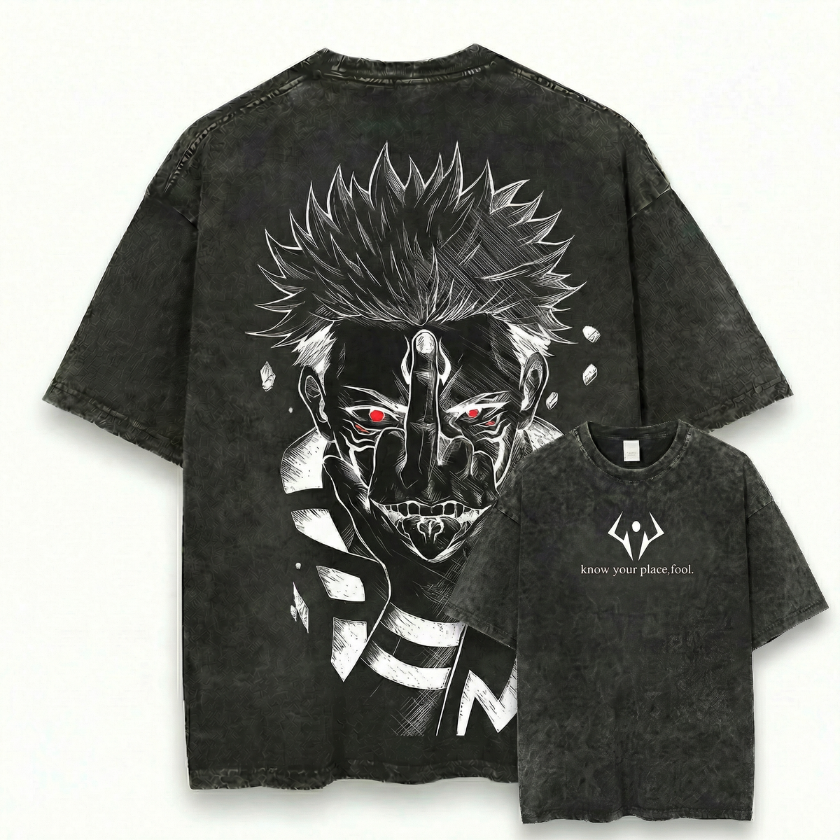 Sukuna Inspired Washed Black Oversized Anime Graphic T Shirt
