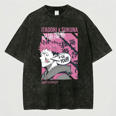 Kurodrip Itadori x Sukuna Jujutsu Kaisen Washed Black Oversized Anime Graphic T Shirt