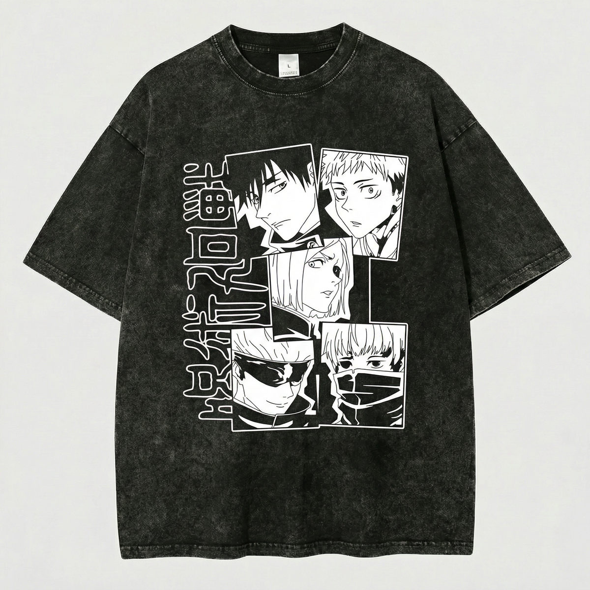 Kurodrip Jujutsu Kaisen Squad All Characters Washed Black Oversized Anime Graphic T Shirt