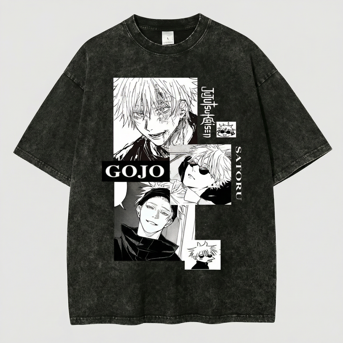 Kurodrip Gojo Satoru Manga Panel Collage Jujutsu Kaisen Washed Black Oversized Anime Graphic T Shirt