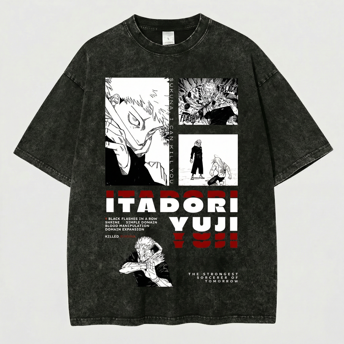 Kurodrip Itadori Yuji The Strongest Sorcerer Jujutsu Kaisen Washed Black Oversized Anime Graphic T Shirt