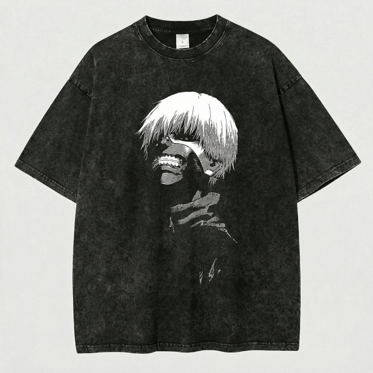 Kurodrip Ken Kaneki White Hair Ghoul Tokyo Ghoul Washed Black Oversized Anime Graphic T Shirt