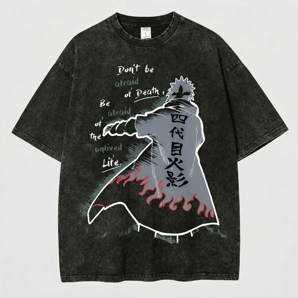 Kurodrip Minato Fourth Hokage Don't Be Afraid of Death Naruto Washed Black Oversized Anime Graphic T Shirt