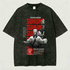 Kurodrip Sukuna Ryomen King of Curses Character Bio Jujutsu Kaisen Washed Black Oversized Anime Graphic T Shirt