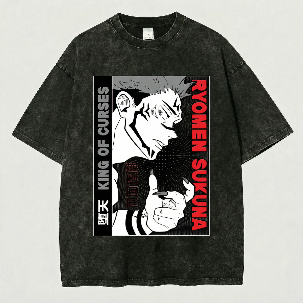 Kurodrip Ryomen Sukuna King of Curses Close Up Jujutsu Kaisen Washed Black Oversized Anime Graphic T Shirt