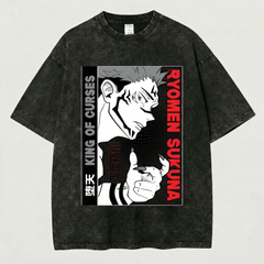 Kurodrip Ryomen Sukuna King of Curses Close Up Jujutsu Kaisen Washed Black Oversized Anime Graphic T Shirt