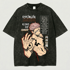Kurodrip Ryomen Sukuna King of Cursed Legend Lore Jujutsu Kaisen Washed Black Oversized Anime Graphic T Shirt