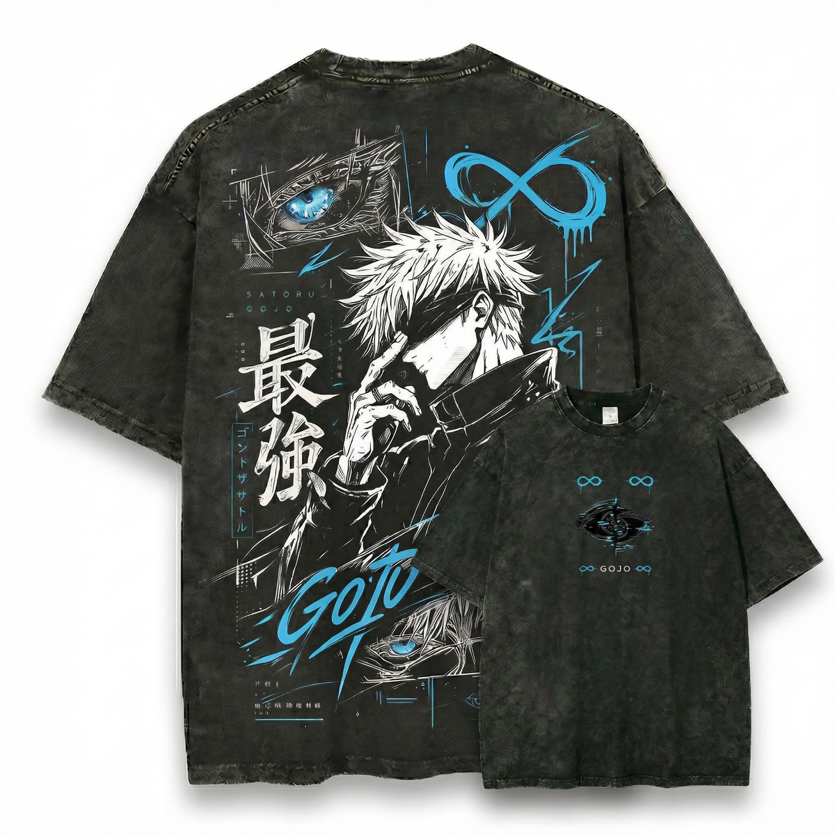 Gojo Satoru Infinity Six Eyes Washed Black Oversized Anime Graphic T Shirt