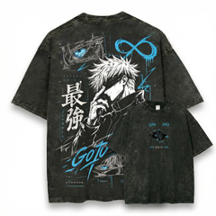 Gojo Satoru Infinity Six Eyes Washed Black Oversized Anime Graphic T Shirt