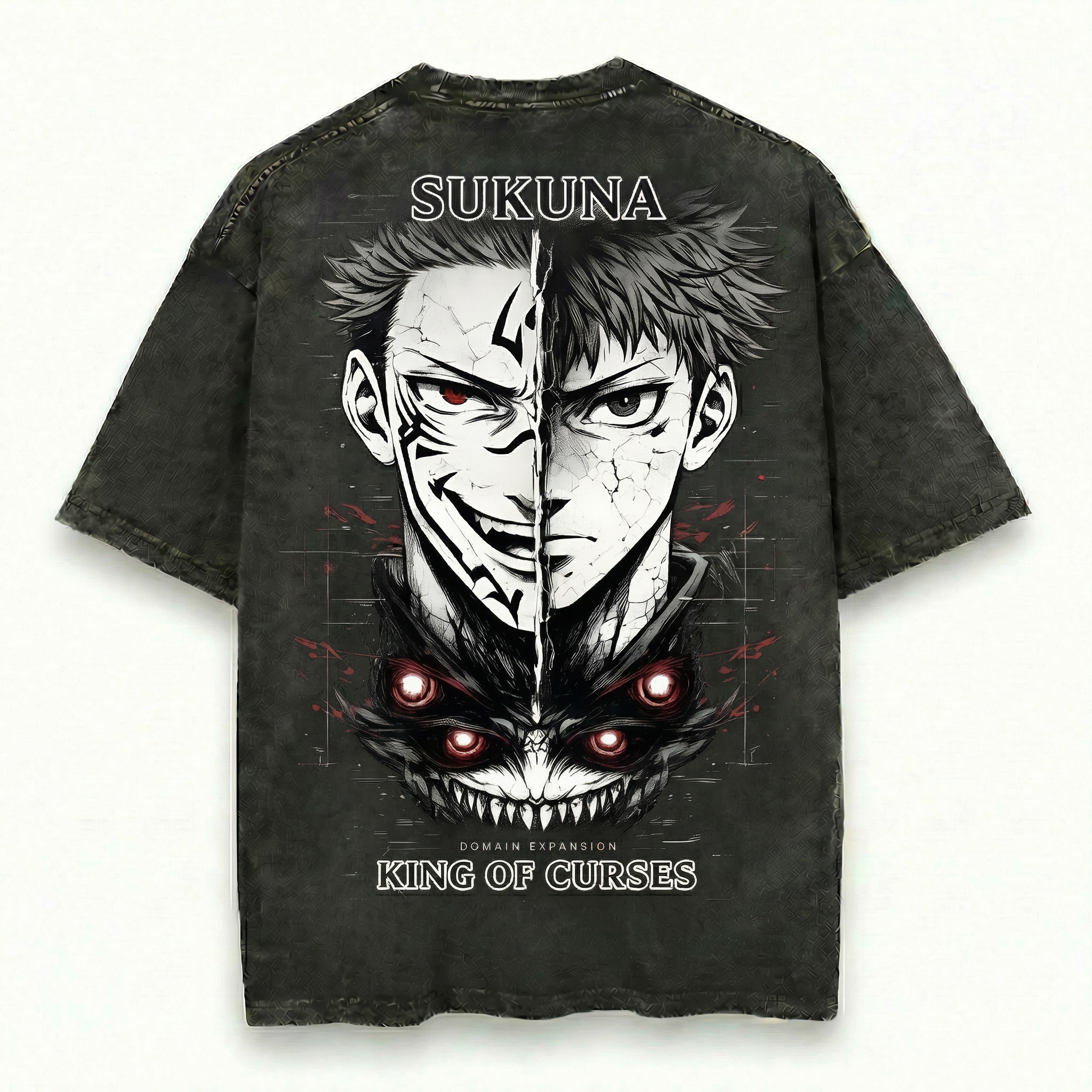 Sukuna Domain Expansion King of Curses Split Face Jujutsu Kaisen Washed Black Oversized Anime Graphic T Shirt