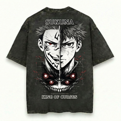 Sukuna Domain Expansion King of Curses Split Face Jujutsu Kaisen Washed Black Oversized Anime Graphic T Shirt