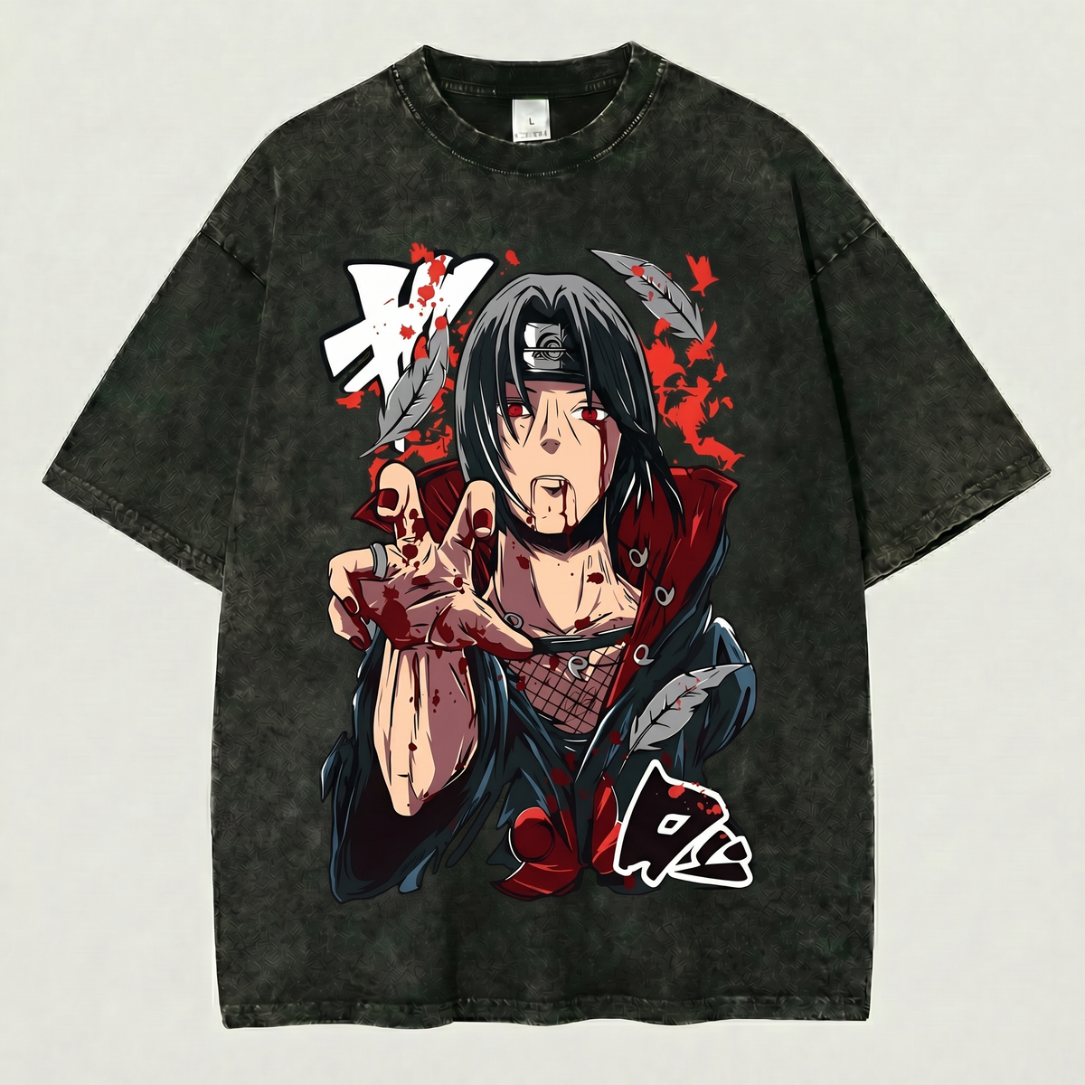 Kurodrip Itachi Inspired Washed Black Oversized Anime Graphic T Shirt
