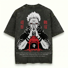 Kurodrip Sukuna Inspired Washed Black Oversized Anime Graphic T Shirt