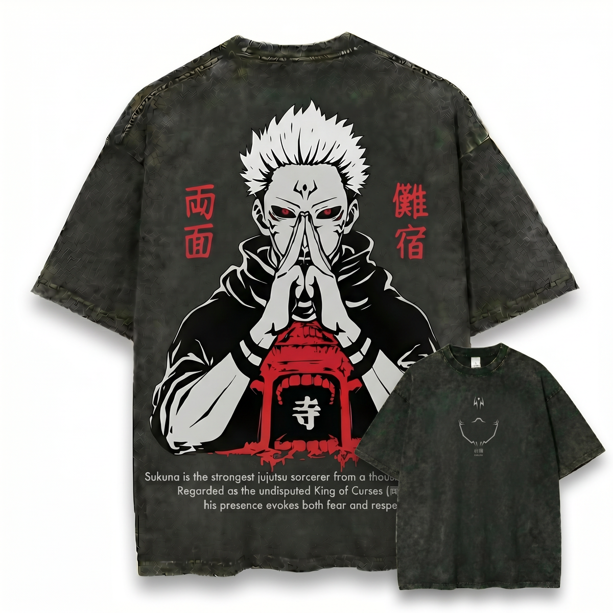 Kurodrip Sukuna Inspired Washed Black Oversized Anime Graphic T Shirt