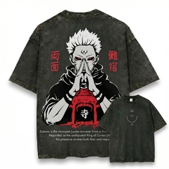 Kurodrip Sukuna Inspired Washed Black Oversized Anime Graphic T Shirt