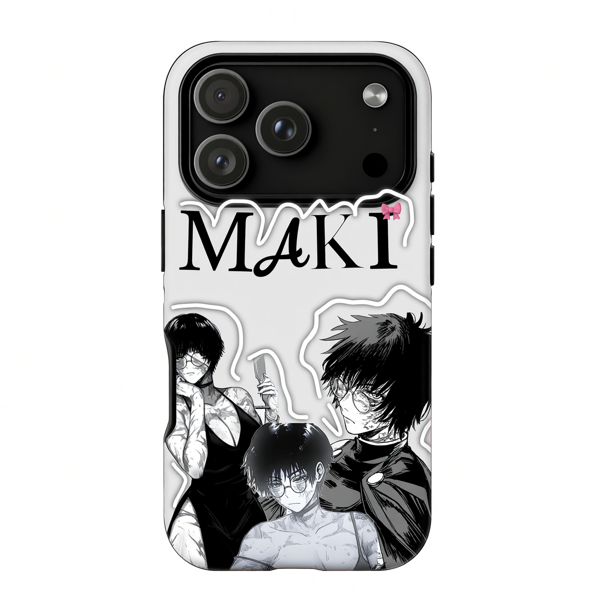 Kurodrip Maki Zenin Jujutsu Kaisen White Multi Pose Glasses Bold Name Pink Bow Manga Collage Protective Phone Case