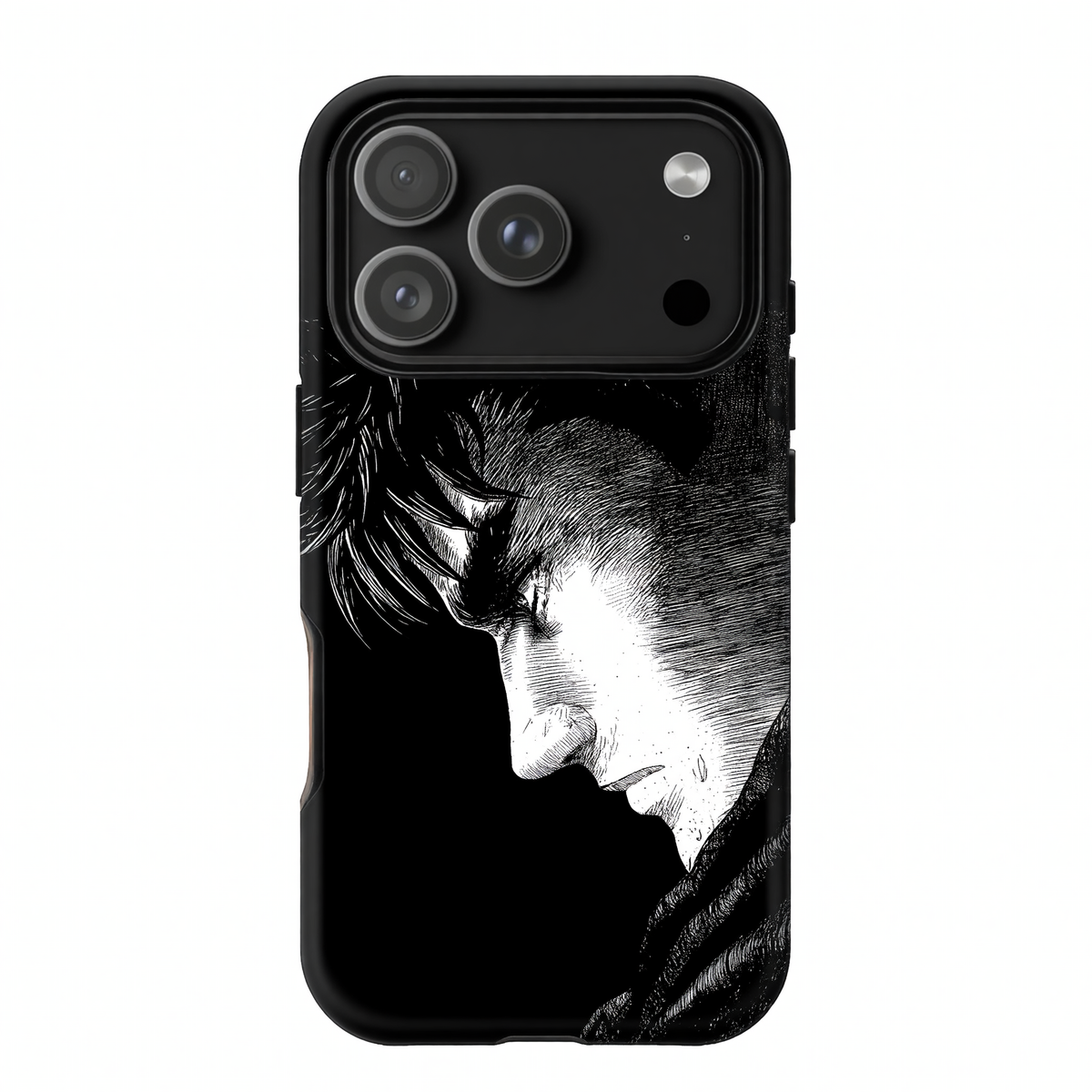 Kurodrip Guts Berserk Dark Side Profile Looking Down Manga Sketch Emotional Pure Black Protective Phone Case