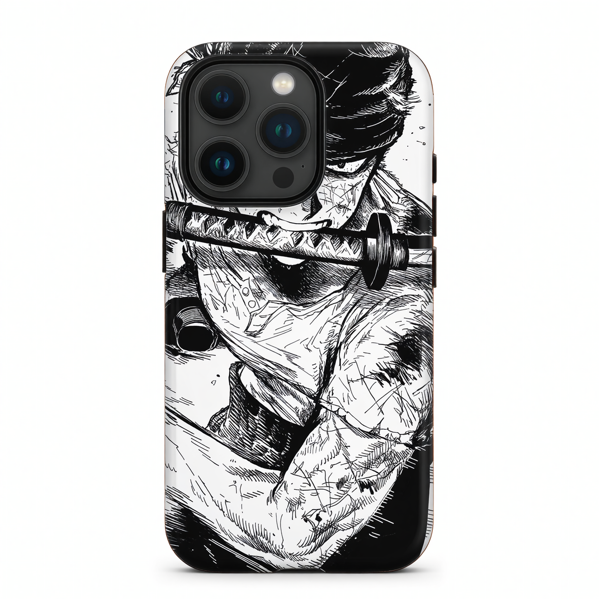 Kurodrip Roronoa Zoro One Piece Black White Sketch Sword In Mouth Muscle Close Up Dark Protective Phone Case